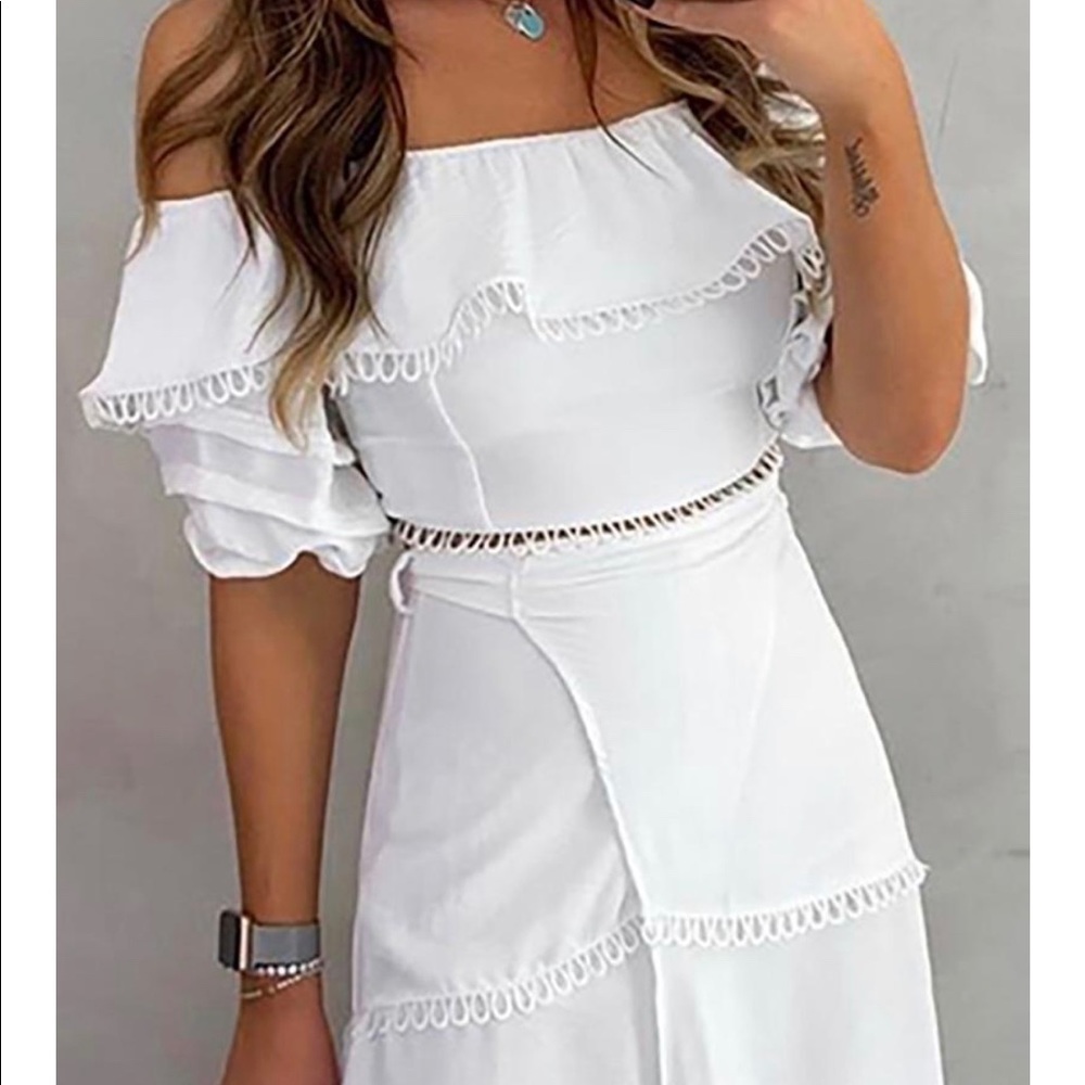 Last One Adorable White Ruffle Split Skirt Set - Picture 3 of 12